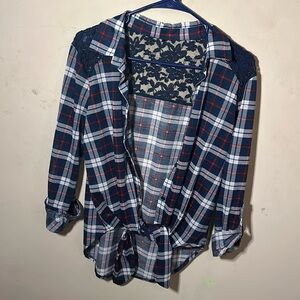 Floral Blue Flowery Plaid Flannel with a tie at the bottom.